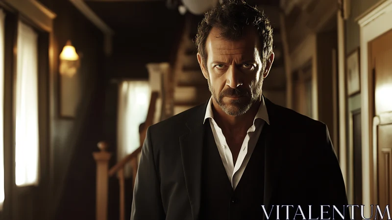 Brooding suited man in warm cinematic hallway lighting.