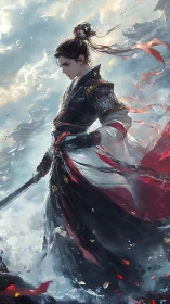Stormlit wuxia swordsman in ornate lamellar armor on cliff edge