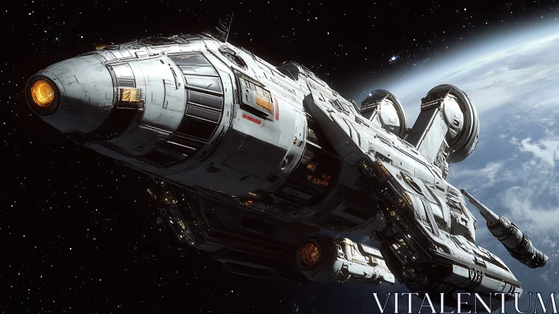 Detailed white starship orbits Earth in deep space scene.