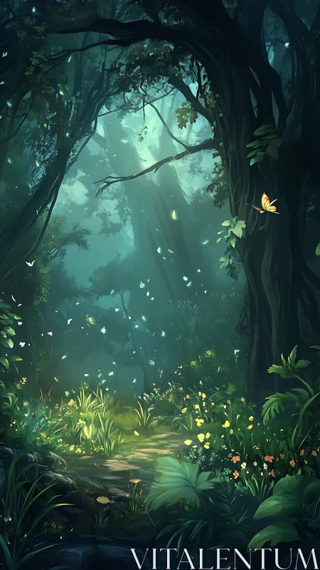 Enchanted Forest Pathway with Luminous Canopy and Butterflies