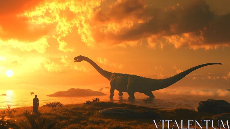 Giant sauropod silhouette dominates blazing coastal sunset