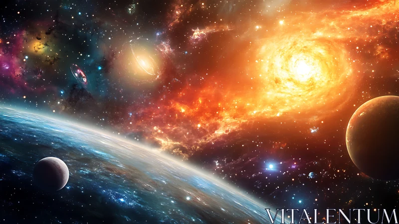 Multicolored deep space scene with planets and nebulae.