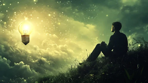 Solitary dreamer studies glowing bulb over luminous clouds