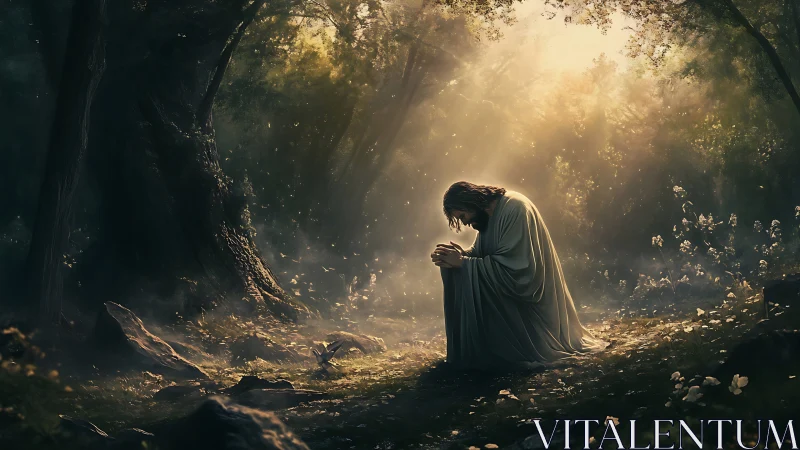 Solitary robed figure kneels in radiant forest prayer scene.