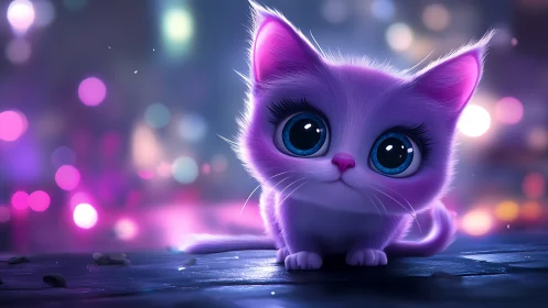 Luminous Purple Kitten with Glowing Blue Eyes.