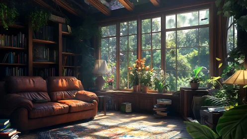 Sunlit reading lounge with large window and indoor plants