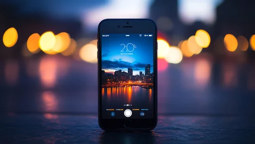 Smartphone displaying urban skyline with ambient bokeh lighting environment