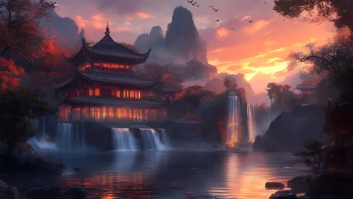 Glowing lakeside temple welcomes twilight over soft waterfalls