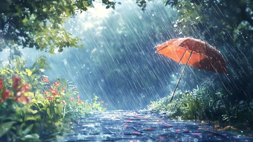 Digital painting of red umbrella on rainlit garden path composition.