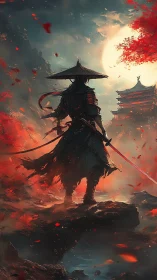 Backlit samurai silhouette confronts temple under burning red sky
