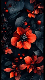 Luminescent floral composition with saturated red botanical elements against deep tonal dark backgro