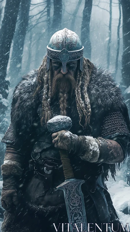 Viking warrior grips runed sword amid a raging winter storm