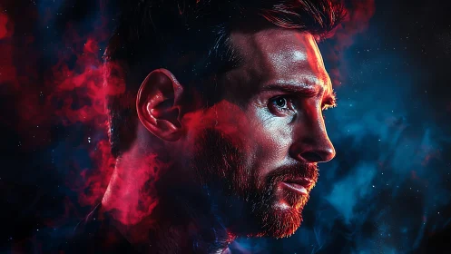 Starlit warrior portrait in clashing red and blue nebulae.