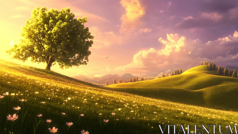 Sunlit meadow hill with lone tree under glowing sky.