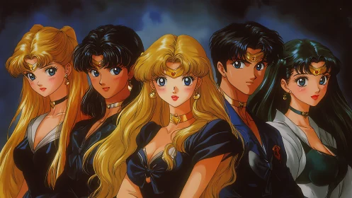 Five determined anime warriors posed in coordinated uniforms.