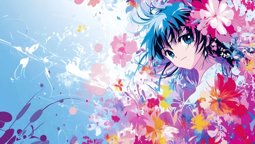 Vibrant anime portrait immersed in abstract floral bloom.