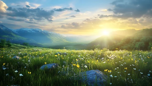 Sunlit alpine meadow renders atmospheric depth and luminous flora