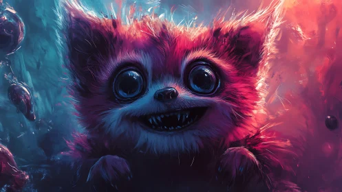 Wide eyed furry creature in neon blue and magenta glow.