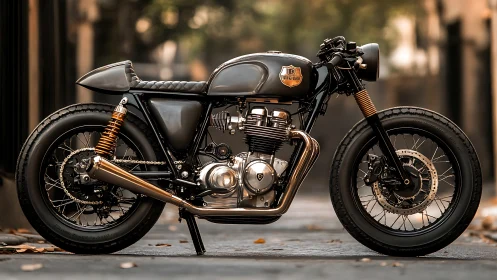 Custom cafe racer motorcycle in urban street setting.