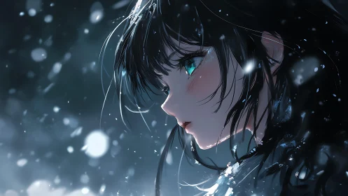 Side profile anime girl with teal eyes in softly lit snowfall