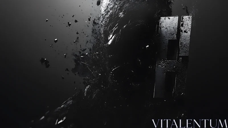 Shattered monolith lunges through shadow and drifting debris