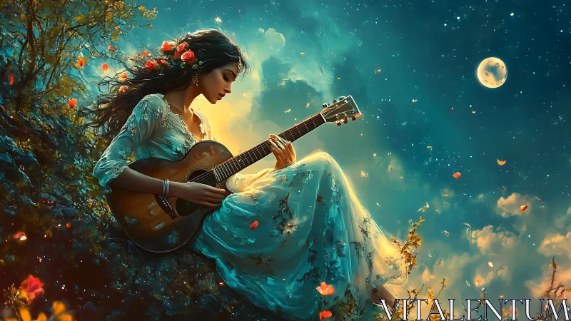 Moonlit guitarist resting in a dreamy star-kissed meadow.