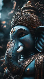 Ganesha statue glows in moody teal light and ornate bronze.