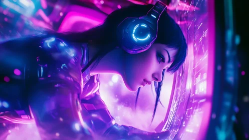 Neon-lit gamer girl immersed in a glowing sci-fi world.