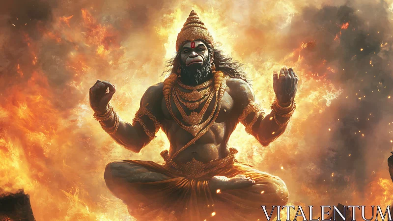Mythic warrior deity meditates in blazing inferno aura.