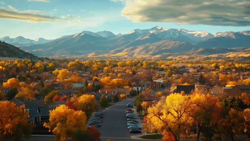 Golden autumn town drifting toward peaceful mountain horizons.