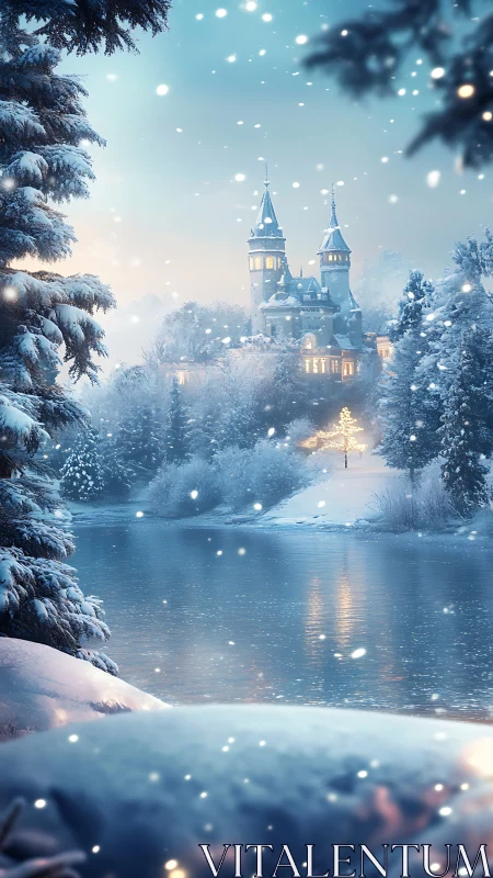 Snow-laden riverside framing illuminated winter hilltop castle