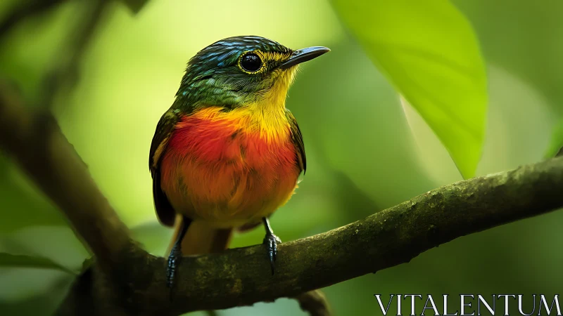 Vibrant tropical songbird perched on branch in lush green forest.