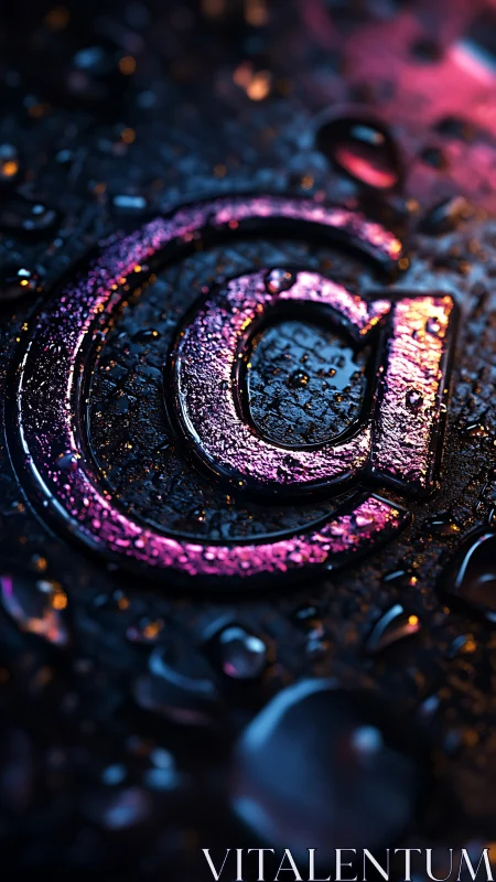 3D macro copyright emblem in neon wet-surface composition.