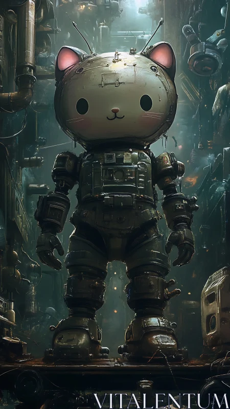 Courageous robot cat stands tall in a misty sci fi workshop