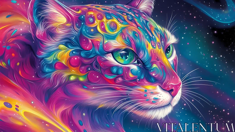 Vibrant multicolor cosmic cat portrait against stars.