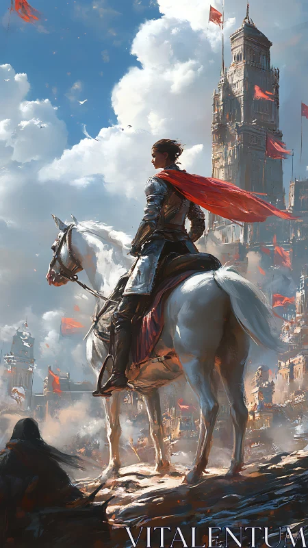 Armored rider surveys burning citadel from white warhorse