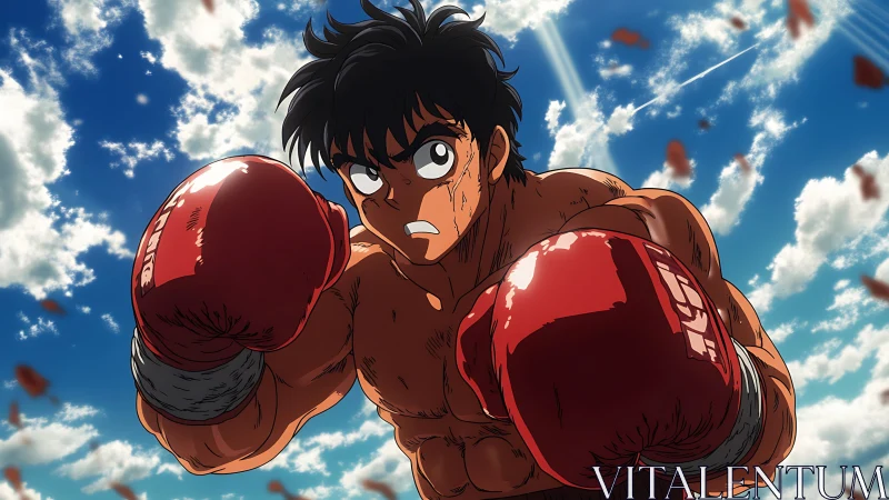 Anime boxer raises red gloves under bright summer sky