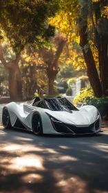 Low-slung white electric roadster on tree-lined parkway at dusk
