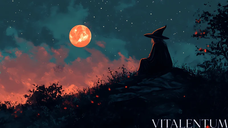 Solitary witch gazes at a glowing red moon in silence.
