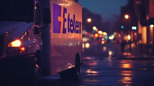 Delivery truck on wet city street in cinematic twilight.
