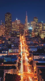 Urban night corridor with illuminated skyscraper skyline.