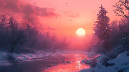 Radiant winter river at vivid pink sunset horizon glow.