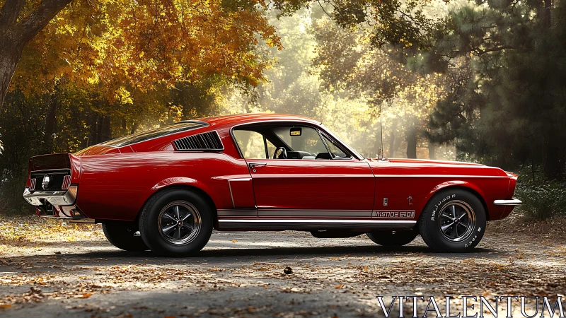 Red classic fastback muscle car parked on forest road