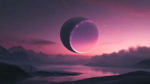 Colossal neon moon hovers above misty alien shoreline.