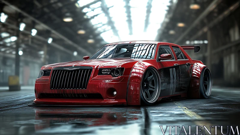 Aggressively stanced red muscle sedan dominates warehouse floor.