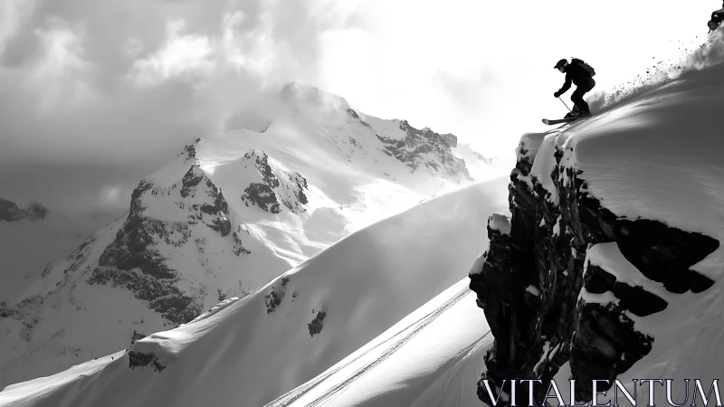 Edge-chasing skier dives from stormlit alpine cliff face.