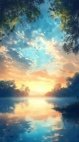 Sunrise river glow with quiet birds and soft painted clouds.