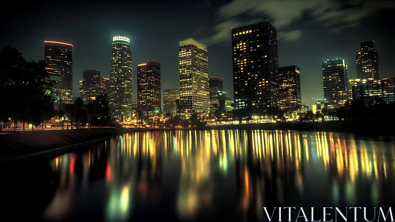 Nocturnal high-rise skyline with specular waterfront reflections.