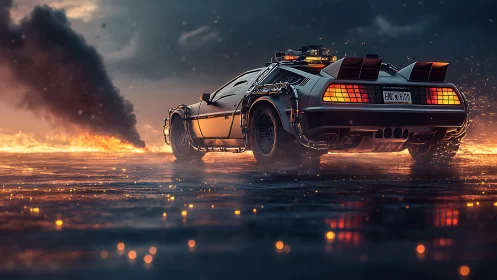 Futuristic sports car on fiery wet road at dusk.