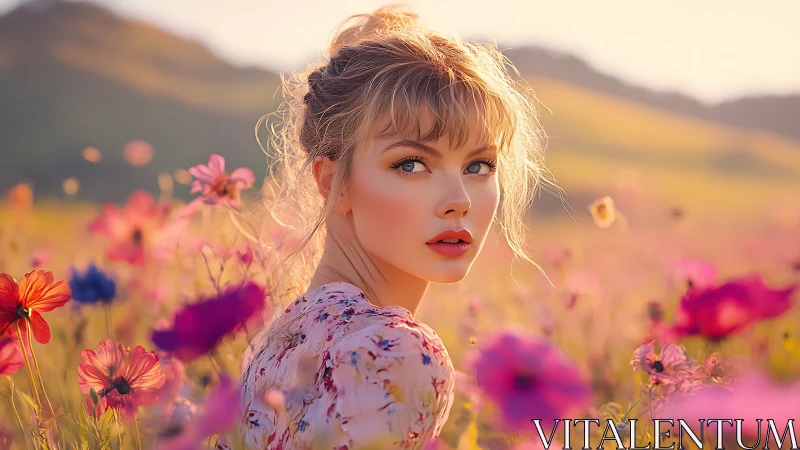 Soft golden evening cradles a young woman in wildflowers